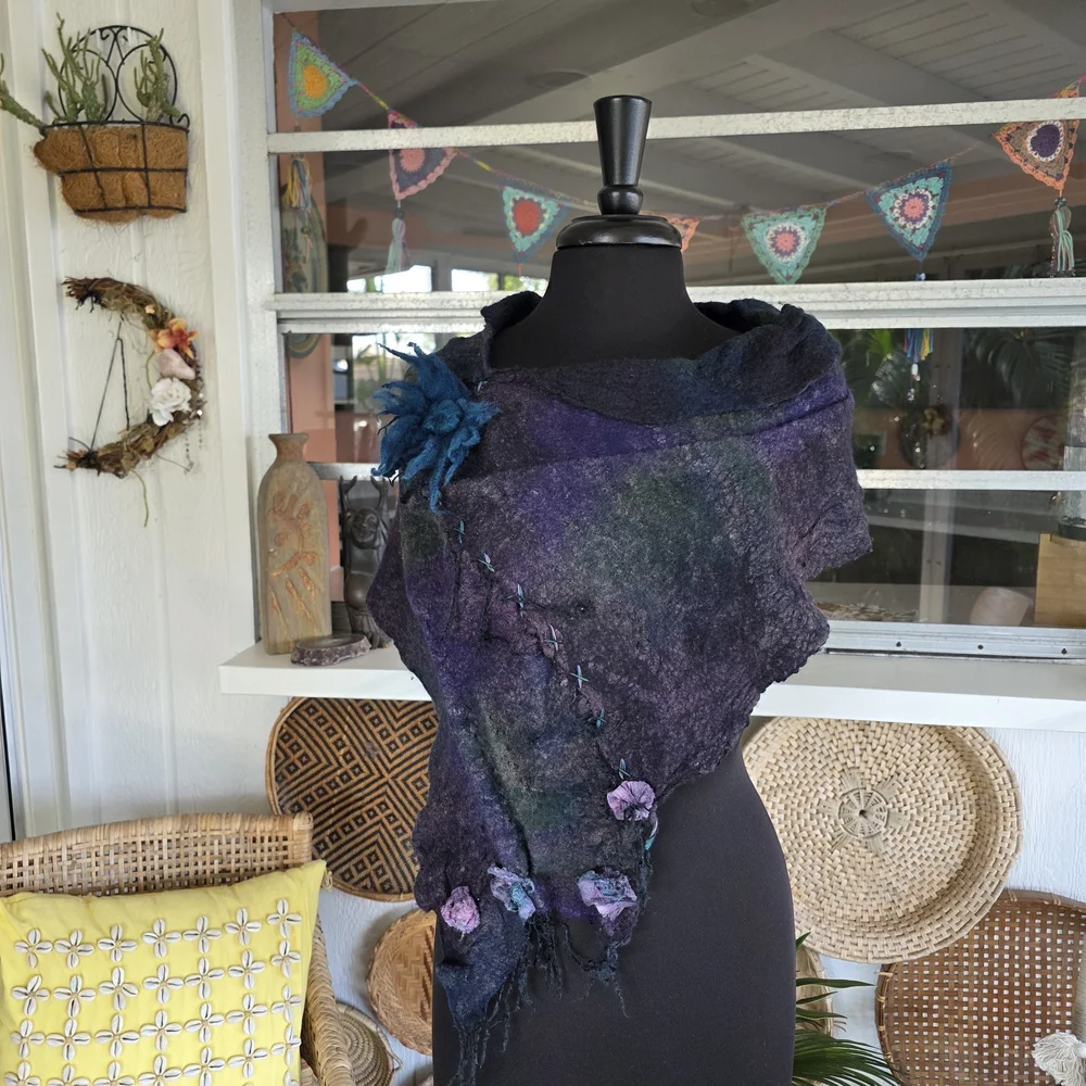 Handmade Nuno Felted Wool Scarf Artisan Boho Chic Bohemian Collar Artsy